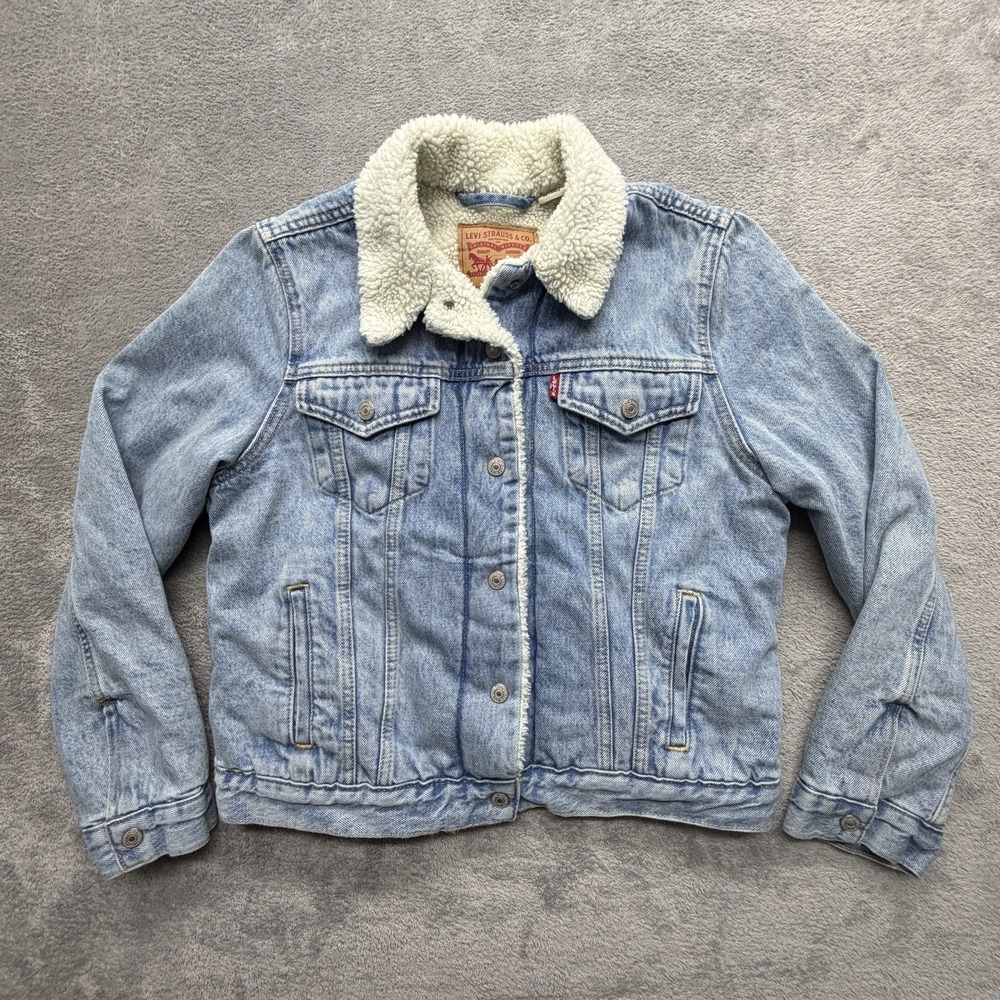 Levi's Jacket Womens Medium Blue Denim Sherpa Lined‎ Trucker Button Front Warm